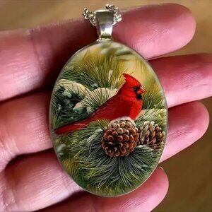 Silver Oval Shaped Christmas CARDINAL Pendant Necklace